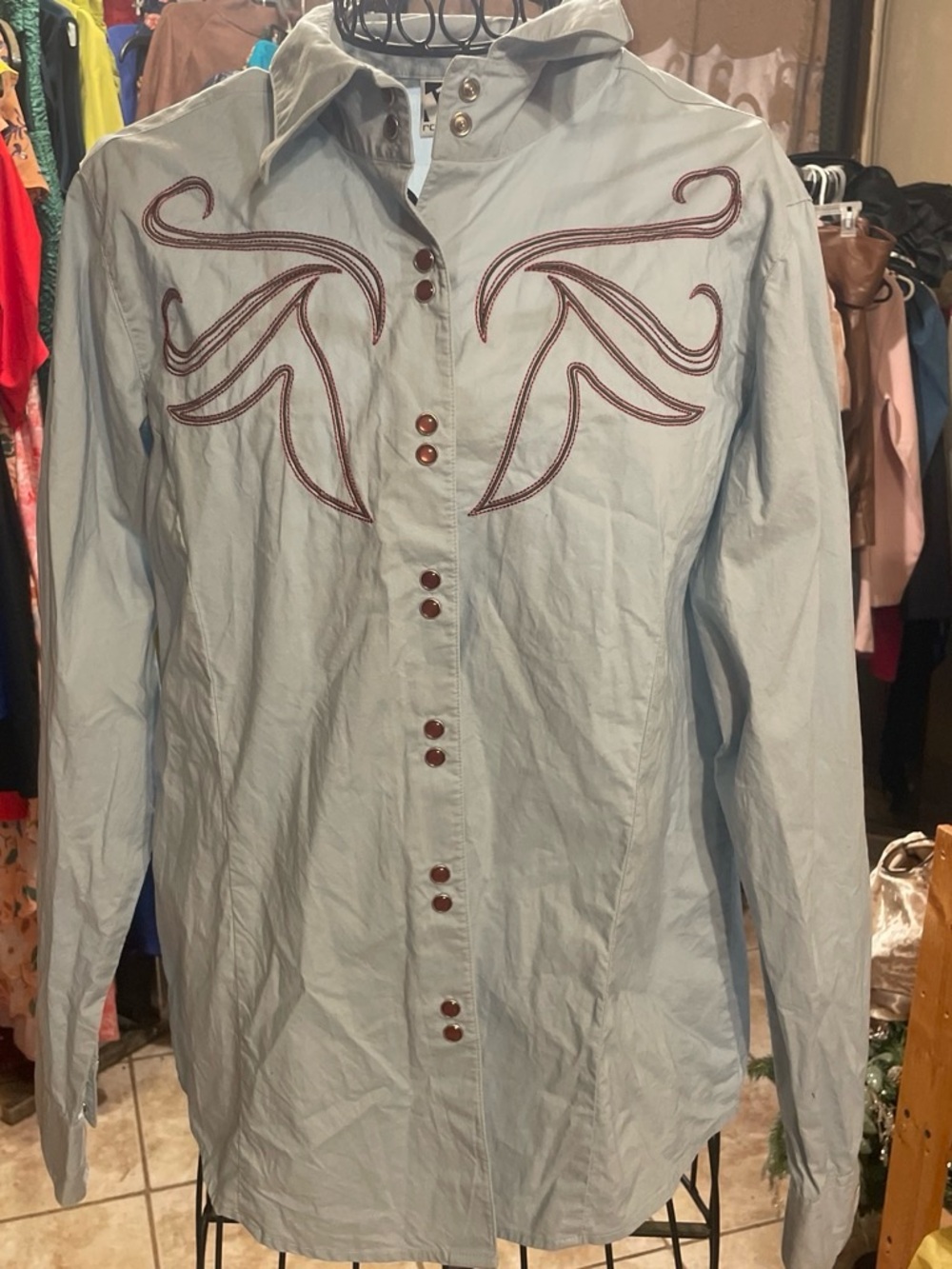 Light Blue Western-Style Button Shirt with Embroidered Detail
